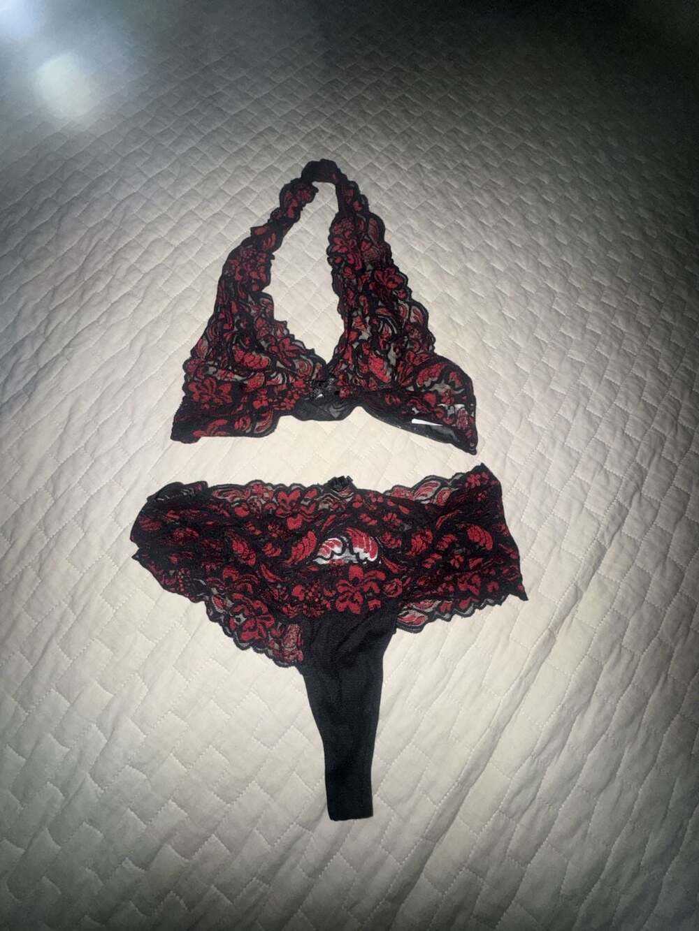 Victoria's Secret Red Black Lace Halter Bralette and Thong Lingerie Set Size M